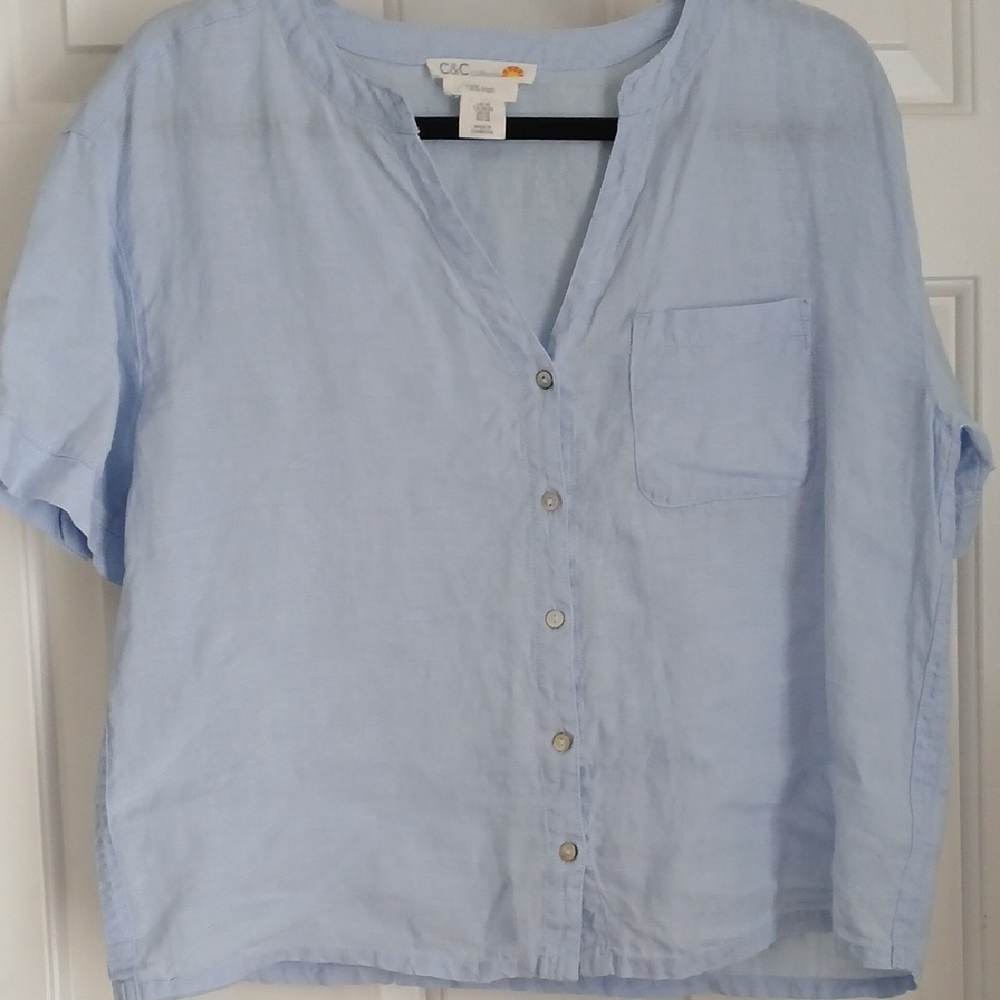 C&C California Light Blue Linen Top - Button Detail